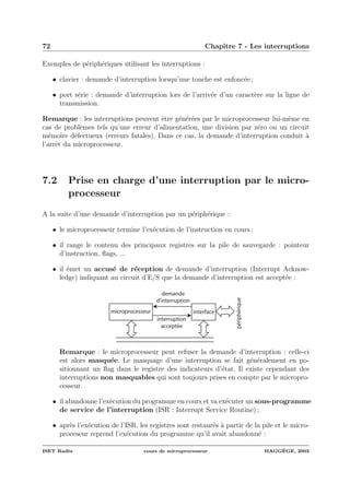 72 Chapitre 7 - Les interruptions
Exemples de p´eriph´eriques utilisant les interruptions :
• clavier : demande d’interruption lorsqu’une touche est enfonc´ee ;
• port s´erie : demande d’interruption lors de l’arriv´ee d’un caract`ere sur la ligne de
transmission.
Remarque : les interruptions peuvent ˆetre g´en´er´ees par le microprocesseur lui-mˆeme en
cas de probl`emes tels qu’une erreur d’alimentation, une division par z´ero ou un circuit
m´emoire d´efectueux (erreurs fatales). Dans ce cas, la demande d’interruption conduit `a
l’arrˆet du microprocesseur.
7.2 Prise en charge d’une interruption par le micro-
processeur
A la suite d’une demande d’interruption par un p´eriph´erique :
• le microprocesseur termine l’ex´ecution de l’instruction en cours ;
• il range le contenu des principaux registres sur la pile de sauvegarde : pointeur
d’instruction, ﬂags, ...
• il ´emet un accus´e de r´eception de demande d’interruption (Interrupt Acknow-
ledge) indiquant au circuit d’E/S que la demande d’interruption est accept´ee :
microprocesseur
périphérique
interface
demande
d'interruption
interruption
acceptée
Remarque : le microprocesseur peut refuser la demande d’interruption : celle-ci
est alors masqu´ee. Le masquage d’une interruption se fait g´en´eralement en po-
sitionnant un ﬂag dans le registre des indicateurs d’´etat. Il existe cependant des
interruptions non masquables qui sont toujours prises en compte par le micropro-
cesseur.
• il abandonne l’ex´ecution du programme en cours et va ex´ecuter un sous-programme
de service de l’interruption (ISR : Interrupt Service Routine) ;
• apr`es l’ex´ecution de l’ISR, les registres sont restaur´es `a partir de la pile et le micro-
proceseur reprend l’ex´ecution du programme qu’il avait abandonn´e :
ISET Rad`es cours de microprocesseur HAGG`EGE, 2003
 