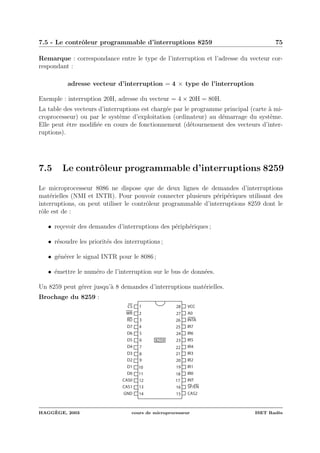 7.5 - Le contrˆoleur programmable d’interruptions 8259 75
Remarque : correspondance entre le type de l’interruption et l’adresse du vecteur cor-
respondant :
adresse vecteur d’interruption = 4 × type de l’interruption
Exemple : interruption 20H, adresse du vecteur = 4 × 20H = 80H.
La table des vecteurs d’interruptions est charg´ee par le programme principal (carte `a mi-
croprocesseur) ou par le syst`eme d’exploitation (ordinateur) au d´emarrage du syst`eme.
Elle peut ˆetre modiﬁ´ee en cours de fonctionnement (d´etournement des vecteurs d’inter-
ruptions).
7.5 Le contrˆoleur programmable d’interruptions 8259
Le microprocesseur 8086 ne dispose que de deux lignes de demandes d’interruptions
mat´erielles (NMI et INTR). Pour pouvoir connecter plusieurs p´erip´eriques utilisant des
interruptions, on peut utiliser le contrˆoleur programmable d’interruptions 8259 dont le
rˆole est de :
• re¸cevoir des demandes d’interruptions des p´eriph´eriques ;
• r´esoudre les priorit´es des interruptions ;
• g´en´erer le signal INTR pour le 8086 ;
• ´emettre le num´ero de l’interruption sur le bus de donn´ees.
Un 8259 peut g´erer jusqu’`a 8 demandes d’interruptions mat´erielles.
Brochage du 8259 :
1 28
8259
2
3
4
5
6
7
8
9
10
11
12
13
14 15
16
17
18
19
20
21
22
23
24
25
26
27
CS
WR
RD
D7
D6
D5
D4
D3
D2
D1
D0
CAS0
CAS1
GND
VCC
A0
INTA
IR7
IR6
IR5
IR4
IR3
IR2
IR1
IR0
INT
SP/EN
CAS2
HAGG`EGE, 2003 cours de microprocesseur ISET Rad`es
 