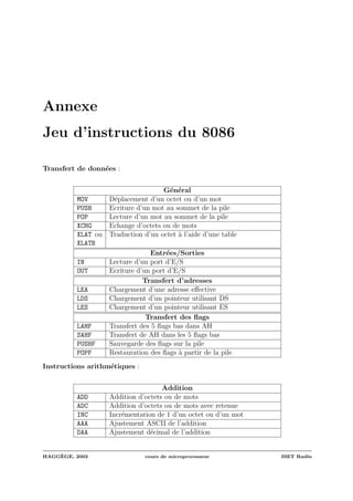 Annexe
Jeu d’instructions du 8086
Transfert de donn´ees :
G´en´eral
MOV D´eplacement d’un octet ou d’un mot
PUSH Ecriture d’un mot au sommet de la pile
POP Lecture d’un mot au sommet de la pile
XCHG Echange d’octets ou de mots
XLAT ou
XLATB
Traduction d’un octet `a l’aide d’une table
Entr´ees/Sorties
IN Lecture d’un port d’E/S
OUT Ecriture d’un port d’E/S
Transfert d’adresses
LEA Chargement d’une adresse eﬀective
LDS Chargement d’un pointeur utilisant DS
LES Chargement d’un pointeur utilisant ES
Transfert des ﬂags
LAHF Transfert des 5 ﬂags bas dans AH
SAHF Transfert de AH dans les 5 ﬂags bas
PUSHF Sauvegarde des ﬂags sur la pile
POPF Restauration des ﬂags `a partir de la pile
Instructions arithm´etiques :
Addition
ADD Addition d’octets ou de mots
ADC Addition d’octets ou de mots avec retenue
INC Incr´ementation de 1 d’un octet ou d’un mot
AAA Ajustement ASCII de l’addition
DAA Ajustement d´ecimal de l’addition
HAGG`EGE, 2003 cours de microprocesseur ISET Rad`es
 