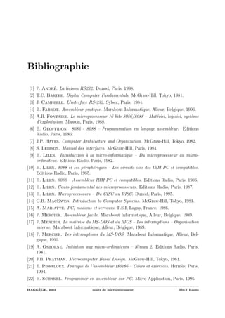 Bibliographie
[1] P. Andr´e. La liaison RS232. Dunod, Paris, 1998.
[2] T.C. Bartee. Digital Computer Fundamentals. McGraw-Hill, Tokyo, 1981.
[3] J. Campbell. L’interface RS-232. Sybex, Paris, 1984.
[4] B. Fabrot. Assembleur pratique. Marabout Informatique, Alleur, Belgique, 1996.
[5] A.B. Fontaine. Le microprocesseur 16 bits 8086/8088 – Mat´eriel, logiciel, syst`eme
d’exploitation. Masson, Paris, 1988.
[6] B. Geoffrion. 8086 - 8088 – Programmation en langage assembleur. Editions
Radio, Paris, 1986.
[7] J.P. Hayes. Computer Architecture and Organization. McGraw-Hill, Tokyo, 1982.
[8] S. Leibson. Manuel des interfaces. McGraw-Hill, Paris, 1984.
[9] H. Lilen. Introduction `a la micro-informatique – Du microprocesseur au micro-
ordinateur. Editions Radio, Paris, 1982.
[10] H. Lilen. 8088 et ses p´eriph´eriques – Les circuits cl´es des IBM PC et compatibles.
Editions Radio, Paris, 1985.
[11] H. Lilen. 8088 – Assembleur IBM PC et compatibles. Editions Radio, Paris, 1986.
[12] H. Lilen. Cours fondamental des microprocesseurs. Editions Radio, Paris, 1987.
[13] H. Lilen. Microprocesseurs – Du CISC au RISC. Dunod, Paris, 1995.
[14] G.H. MacEwen. Introduction to Computer Systems. McGraw-Hill, Tokyo, 1981.
[15] A. Mariatte. PC, modems et serveurs. P.S.I, Lagny, France, 1986.
[16] P. Mercier. Assembleur facile. Marabout Informatique, Alleur, Belgique, 1989.
[17] P. Mercier. La maˆıtrise du MS-DOS et du BIOS – Les interruptions – Organisation
interne. Marabout Informatique, Alleur, Belgique, 1989.
[18] P. Mercier. Les interruptions du MS-DOS. Marabout Informatique, Alleur, Bel-
gique, 1990.
[19] A. Osborne. Initiation aux micro-ordinateurs – Niveau 2. Editions Radio, Paris,
1981.
[20] J.B. Peatman. Microcomputer Based Design. McGraw-Hill, Tokyo, 1981.
[21] E. Pissaloux. Pratique de l’assembleur I80x86 – Cours et exercices. Herm`es, Paris,
1994.
[22] H. Schakel. Programmer en assembleur sur PC. Micro Application, Paris, 1995.
HAGG`EGE, 2003 cours de microprocesseur ISET Rad`es
 