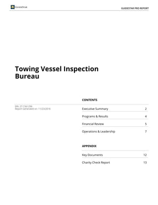 Towing Vessel Inspection
Bureau
CONTENTS
EIN: 27-1561296
Report Generated on: 11/23/2018 Executive Summary 2
Programs & Results 4
Financial Review 5
Operations & Leadership 7
APPENDIX
Key Documents 12
Charity Check Report 13
GUIDESTAR PRO REPORT
 