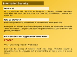 PEOPLE.
Our people working across the Axiata Group.
Even with the absence of malicious intent, often times, information security is
compromised due to employees’ lack of understanding on how to work in a secure
manner.
But where does our biggest threat come from?
Why Do We Care?
Estimates upwards of 250 billion dollars of loss associated with Cyber Crime!
Every year, the Director of National Intelligence publishes an unclassified “Worldwide
Threat Assessment.” The year 2018 report was published listing “Cyber” is the first (and
greatest) threat listed.
Information Security
What is it?
All the processes and practices we implement to protect networks, computers,
applications and data from attacks on the C-I-A triad (Confidentiality, Integrity, and
Availability).
 