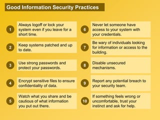 Always logoff or lock your
system even if you leave for a
short time.
Keep systems patched and up
to date.
Use strong passwords and
protect your passwords.
Encrypt sensitive files to ensure
confidentiality of data.
Watch what you share and be
cautious of what information
you put out there.
Never let someone have
access to your system with
your credentials.
Be wary of individuals looking
for information or access to the
building.
Disable unsecured
mechanisms.
If something feels wrong or
uncomfortable, trust your
instinct and ask for help.
Report any potential breach to
your security team.
Good Information Security Practices
1
2
3
4
5
6
7
8
9
10
 