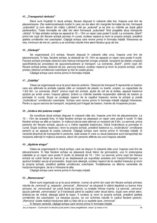 Joc şi mişcare – Curriculum la decizia şcolii pentru clasa pregătitoare, clasa I şi clasa a II-a 19
45. „Transportul rănitului”
Elevii sunt împărţiţi în două echipe, fiecare dispusă în coloană câte trei, înapoia unei linii de
plecare/sosire. (Se redemonstrează modul în care cei doi elevi din marginile formaţiei de trei, formează
„scăunelul” şi cum elevul din mijloc („rănitul”) stă pe „scăunel” şi se ţine cu mâinile pe după gâtul
partenerilor). Toate formaţiile de câte trei elevi formează „scăunelul” fiind pregătite să-şi transporte
„rănitul”. În faţa ambelor echipe se aşează la 10 – 15m un reper care poate fi ocolit. La comanda „Start!”
primii trei copii din fiecare echipă pornesc în cursă, ocolesc reperul şi revin la propria echipă, predând
ştafeta următorilor trei coechipieri. Câştigă echipa care revine prima în formaţia iniţială. Întrecerea se
reia, minimum de trei ori, pentru a se schimba rolurile între elevii fiecărui grup de trei.
46. „Cărăuşii”
Se organizează 2-3 echipe, fiecare dispusă în coloană câte unul, înapoia unei linii de
plecare/sosire. În faţa, fiecărei echipe, la distanţă de 10 -15m se aşează un reper care poate fi ocolit.
Fiecare echipă primeşte obiectul care trebuie transportat (minge umplută, recipienţi de plastic umpluţi)
specificându-se procedeul de apucare/susţinere şi transport. La comanda „Start!”, primii copii din
fiecare echipă preiau obiectul de jos, parcurg traseul, ocolesc reperul şi revin la propria echipă, unde
predau obiectul următorului coechipier şi trec la coada şirului.
Câştigă echipa care revine prima în formaţia iniţială.
47. „Cobiliţa”
Clasa se organizează ca şi la jocul descris anterior. Obiectul de transport îl reprezintă un baston
care are atârnate la ambele capete câte un recipient de plastic cu toartă, umplut, cu capacitate de
1,5/2 litri. La comanda „Start!” primul copil din echipă, ajutat de cel de al doilea, aşează bastonul
sprijinit pe ambii umeri, înapoia gâtului, ţinând cu mâinile toartele recipienţilor atârnaţi de baston şi
porneşte în cursă. După ce ocoleşte reperul de la capătul traseului revine la echipă şi predă
„încărcătura” următorului coechipier. Echipa care revine prima în formaţia iniţială câştigă întrecerea.
Pentru a uşura sarcina de transport, recipienţii pot fi legaţi de baston, înainte de începerea jocului.
48. „Unde-s doi puterea creşte”
Se constituie două echipe dispuse în coloană câte doi, înapoia unei linii de plecare/sosire. La
10 – 15m de această linie, în faţa fiecărei echipe se plasează un reper care poate fi ocolit. În faţa
fiecărei echipe se află un baston, în mijlocul căruia este atârnat un recipient de 5 litri. La semnal, prima
pereche din fiecare echipă, apucă cu o mână capetele bastonului, ridică încărcătura şi porneşte în
cursă. După ocolirea reperului, revin la propria echipă, predând bastonul cu „încărcătura” următoarei
perechi şi se aşează la coada coloanei. Câştigă echipa care revine prima în formaţia iniţială. O
variantă atractivă de transportat în pereche, este aceea în care cu două bastoane sunt transportaţi doi
recipienţi atârnaţi în mijlocul acestora, elevii din pereche aflându-se unul înapoia celuilalt.
49. „Ajută-te singur”
Clasa se organizează în două echipe, care se dispun în coloană câte unul, înapoia unei linii de
plecare/sosire. În faţa fiecărei echipe se plasează două bănci de gimnastică, una în prelungirea
celeilalte şi un reper care poate fi ocolit, la distanţă de 10 - 15m. La semnal, primii copii din fiecare
echipă se culcă facial pe bancă şi se deplasează pe suprafaţa acesteia prin tracţiuni/împingeri cu
ajutorul braţelor sau/şi al picioarelor, după care aleargă, ocolesc reperul de la capătul traseului şi revin
la propria echipă, predând ştafeta următorului coechipier. Învăţătoarea va alterna variantele de
tracţiune-împingere, de la o întrecere la alta.
Câştigă echipa care revine prima în formaţia iniţială.
50. „Remorcarea”
Elevii sunt organizaţi ca şi la jocul anterior, numai că primii doi copii din fiecare echipă primesc
rolurile de „remorcă” şi, respectiv „remorcat”. „Remorca” se situează în stând depărtat cu banca între
picioare, iar „remorcatul” se culcă facial pe bancă, cu braţele întinse înainte. La semnal, „remorca”
apucă palmele „remorcatului” şi îl tractează până la capătul celor două bănci, după care ambii elevi,
ţinându-se de mână, aleargă până la reper, îl ocolesc şi revin la propria echipă, predând ştafeta
următorilor doi coechipieri. La reluarea jocului, se vor schimba rolurile în cadrul fiecărei perechi.
„Remorca” poate realiza tracţiunea atât cu faţa cât şi cu spatele spre „remorcat”.
În fiecare variantă, câştigă echipa care revine prima în formaţia iniţială.
 