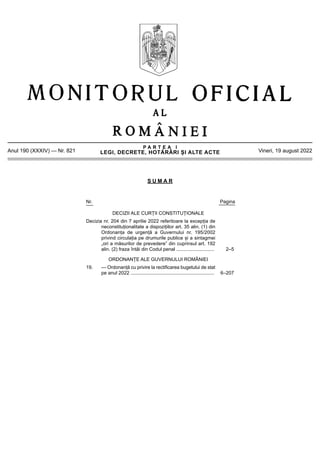 P A R T E A I
LEGI, DECRETE, HOTĂRÂRI ȘI ALTE ACTE
Anul 190 (XXXIV) — Nr. 821 Vineri, 19 august 2022
S U M A R
Nr. Pagina
...