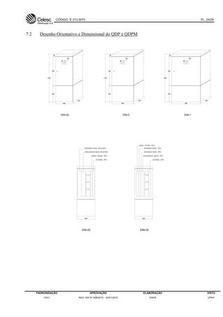 CÓDIGO: E-313.0070 FL. 24/29
PADRONIZAÇÃO APROVAÇÃO ELABORAÇÃO VISTO
DVCI RES. DDI Nº 006/2015 - 22/01/2015 DVEN DPEP
7.2 Desenho Orientativo e Dimensional do QDP e QDPM
465
438
786
60
1300
320
590
438
786
60
1300
320
785
438
786
60
1300
320
DIN-00 DIN-0 DIN-1
100 100 100
AVISO
NÃO VIOLAR
PARTES INTERNAS
SOB TENSÃO
SE VIOLADO AVISE A CELESC
AVISO
NÃO VIOLAR
PARTES INTERNAS
SOB TENSÃO
SE VIOLADO AVISE A CELESC
AVISO
NÃO VIOLAR
PARTES INTERNAS
SOB TENSÃO
SE VIOLADO AVISE A CELESC
DIN-00
465
Iluminação - 160 A
Chave adicional - reserva - 160 A
Seccionador Circuito - 160 A
Espaço - Previsão - 160 A
Seccionador Circuito - 160 A
465
Iluminação - 160 A
Espaço - Previsão - 160 A
Chave adicional reserva- 240 ou 400 A
Seccionador Circuito - 240 ou 400 A
DIN-00
 