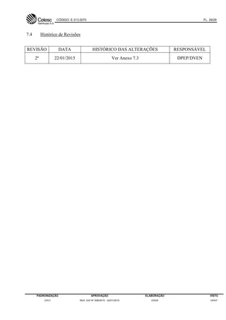 CÓDIGO: E-313.0070 FL. 29/29
PADRONIZAÇÃO APROVAÇÃO ELABORAÇÃO VISTO
DVCI RES. DDI Nº 006/2015 - 22/01/2015 DVEN DPEP
7.4 Histórico de Revisões
REVISÃO DATA HISTÓRICO DAS ALTERAÇÕES RESPONSÁVEL
2ª 22/01/2015 Ver Anexo 7.3 DPEP/DVEN
 