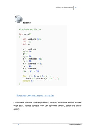 Estruturas de Dados Compostas   
M"
16 Professora Aida Meira
Exemplo:  
PONTEIROS COMO PARAMETROS DE FUNÇÕES 
Comecemos por uma situação-problema: eu tenho 2 variáveis e quero trocar o
valor delas. Vamos começar com um algoritmo simples, dentro da função
main():
 