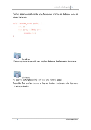 Estruturas de Dados Compostas   
M"
36 Professora Aida Meira
Por fim, podemos implementar uma função que imprima os dados de todos os
alunos da tabela:
void imprime_tudo (void) {
int i;
for (i=0; i<MAX; i++)
imprime(i);
}
Exercício: 
Faça um programa que utilize as funções da tabela de alunos escritas acima.
Exercício: 
Re-escreva as funções acima sem usar uma variável global.
Sugestão: Crie um tipo Tabela e faça as funções receberem este tipo como
primeiro parâmetro.
 