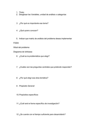 1. Título:
2. Desglosar las Variables, unidad de análisis o categorías
3. ¿Por qué es importante ese tema?
4. ¿Qué quiero conocer?
5. Indicar que matriz de análisis del problema desea implementar
FODA
Árbol del problema
Diagrama de Ishikawa
6. ¿Cuál es la problemática que elegí?
7. ¿Cuáles son las preguntas centrales que pretendo responder?
8. ¿Por qué elegí esa área temática?
9. Propósito General
10.Propósitos específicos
11.¿Cuál será el tema específico de investigación?
12.¿Se cuenta con el tiempo suficiente para desarrollarlo?
 