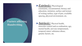 Factors affecting
Handwriting
►Extrinsic: Physiological
constraints, circumstantial, literacy and
education, imitation, surface and texture
of writing surface, type of pen, available
spacing, physical environment, etc.
►Intrinsic: Physical health,
muscular control and co-ordination, age,
mental health, nervous temperament,
temporal states/ substance abuse,
genetic factors, etc.
 