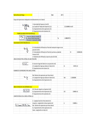 NormaBrutade Riego. Mpb 287.5
Grupode Aspersionestrabajandosimultáneamente enel lateral
I:Intensidaddel Aspersor(mm/h)
qa:Caudal de Trabajodel Aspersor(L/s) I 22.3140496 mm/h
Ea:Espaciamientoentre aspersores(m)
El:Espaciamientoentre laterales(m)
Tp 1.28865979 h
VELOCIDADDEINFILTRACIÓN(Vt)
Vt:Velocidadde Infiltraciónal final del tiempode riegoenuna
posición(m/h)
Vl:Velocidadde Infiltraciónal final de laprimeraunidadde Vt 0.02041241
tiempo(m/h)
n:Parámetrode Infiltración,tipode suelo(0.3-0.8)
ÁREADERIEGOPORLATERALENUNAPOSICIÓN
Al:áreade riegodel lateral enunaposición(m2)
Lrl:Longitudde riegoque abarcael lateral (m) Ai 0.055 m2
El:Espaciamientoentre lateral (m)
NÚMERODEASPERSORESPORLINEALATERAL
Nal:Númerode aspersoresporlínealateral
Lrl:Longitudde riegoque abarcael lateral (m) Nal 1.13636364
Ea:Espaciamientoentre Aspersores(m)
ÁREADERIEGODEUNASPERSOR(Al1)
Al1:Áreade riegode unAspersor(m2)
Ea:Espaciamientoentre Aspersores(m) A1l 0.0484 m2
El:Espaciamientoentre Laterales(m)
LONGITUDREALDELALINEALATERAL(Ll)
Ll :Longitudreal de lalínealateral (m)
Lmaestra:Longitudde lalíneamaestra(m) Li 0.3608 m
Nal :Númerode aspersoresporlínealateral
Ea:Espaciamientoentre aspersores(m)
ltubo:Longitudde untubo(m)
TIEMPODERIEGOPORPOSICIÓN(tp)
 