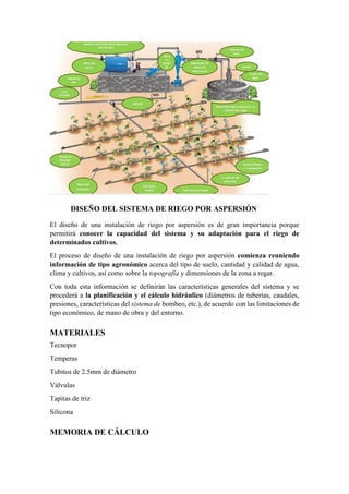 DISEÑO DEL SISTEMA DE RIEGO POR ASPERSIÓN
El diseño de una instalación de riego por aspersión es de gran importancia porque
permitirá conocer la capacidad del sistema y su adaptación para el riego de
determinados cultivos.
El proceso de diseño de una instalación de riego por aspersión comienza reuniendo
información de tipo agronómico acerca del tipo de suelo, cantidad y calidad de agua,
clima y cultivos, así como sobre la topografía y dimensiones de la zona a regar.
Con toda esta información se definirán las características generales del sistema y se
procederá a la planificación y el cálculo hidráulico (diámetros de tuberías, caudales,
presiones, características del sistema de bombeo, etc.), de acuerdo con las limitaciones de
tipo económico, de mano de obra y del entorno.
MATERIALES
Tecnopor
Temperas
Tubitos de 2.5mm de diámetro
Válvulas
Tapitas de triz
Silicona
MEMORIA DE CÁLCULO
 