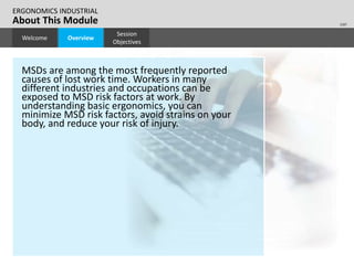 ERGONOMICS INDUSTRIAL
2107
About This Module
Session
Objectives
Overview
Welcome
MSDs are among the most frequently reported
causes of lost work time. Workers in many
different industries and occupations can be
exposed to MSD risk factors at work. By
understanding basic ergonomics, you can
minimize MSD risk factors, avoid strains on your
body, and reduce your risk of injury.
 