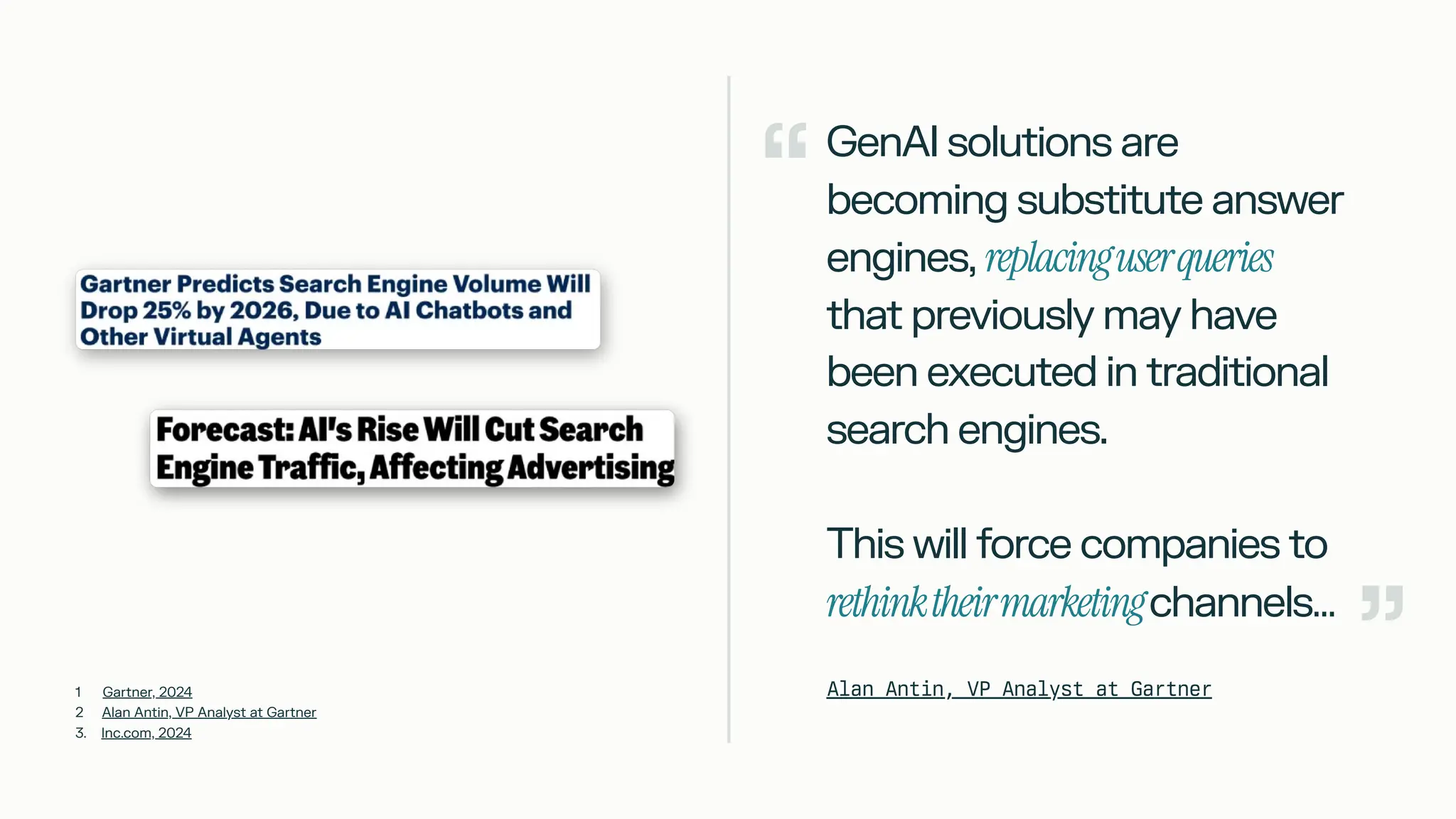 GenAI solutions are
becoming substitute answer
engines, replacinguserqueries
that previously may have
been executed in traditional
search engines.
This will force companies to
rethinktheirmarketingchannels…
Alan Antin, VP Analyst at Gartner "
"
1 Gartner, 2024
2 Alan Antin, VP Analyst at Gartner
3. Inc.com, 2024
 