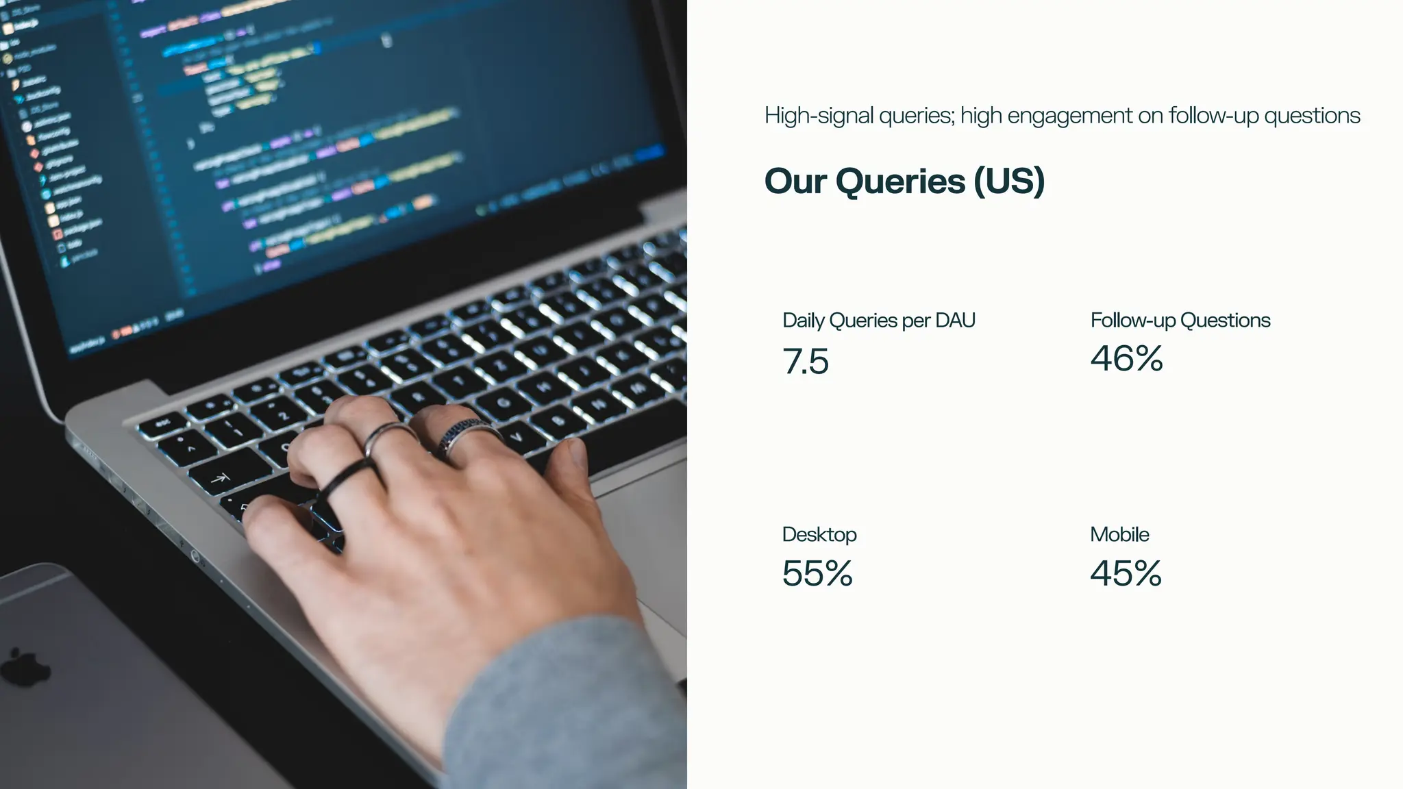 55%
Desktop
7.5
Daily Queries per DAU
46%
Follow-up Questions
Our Queries (US)
45%
Mobile
High-signal queries; high engagement on follow-up questions
 