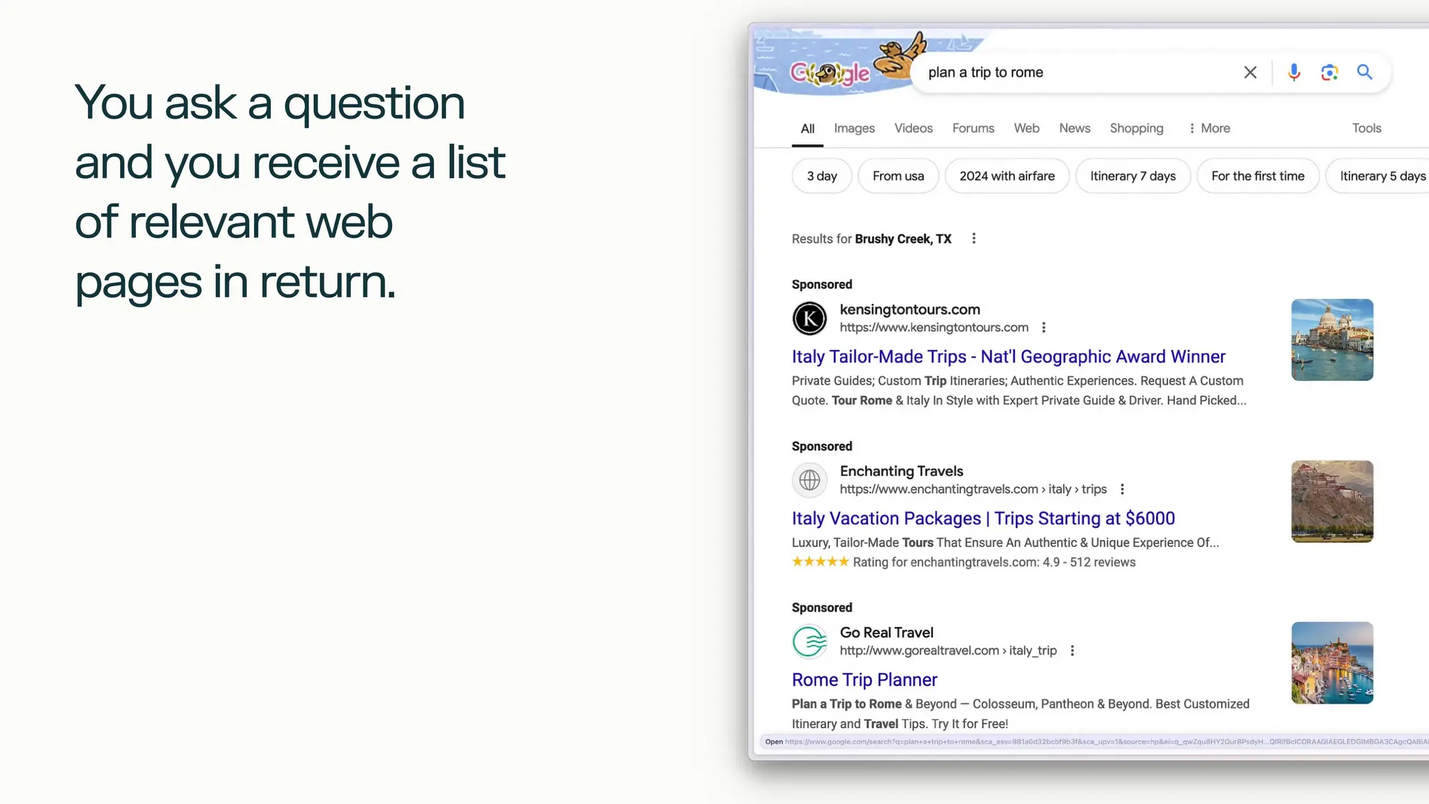 You ask a question
and you receive a list
of relevant web
pages in return.
 