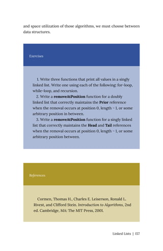 and space utilization of those algorithms, we must choose between
data structures.
Exercises
1. Write three functions that print all values in a singly
linked list. Write one using each of the following: for-loop,
while-loop, and recursion.
2. Write a removeAtPosition function for a doubly
linked list that correctly maintains the Prior reference
when the removal occurs at position 0, length − 1, or some
arbitrary position in between.
3. Write a removeAtPosition function for a singly linked
list that correctly maintains the Head and Tail references
when the removal occurs at position 0, length − 1, or some
arbitrary position between.
References
Cormen, Thomas H., Charles E. Leiserson, Ronald L.
Rivest, and Clifford Stein. Introduction to Algorithms, 2nd
ed. Cambridge, MA: The MIT Press, 2001.
Linked Lists | 157
 