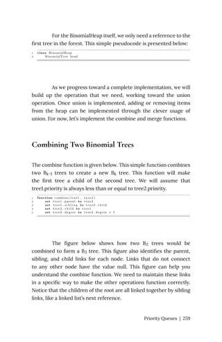 For the BinomialHeap itself, we only need a reference to the
first tree in the forest. This simple pseudocode is presented below:
As we progress toward a complete implementation, we will
build up the operation that we need, working toward the union
operation. Once union is implemented, adding or removing items
from the heap can be implemented through the clever usage of
union. For now, let’s implement the combine and merge functions.
Combining Two Binomial Trees
The combine function is given below. This simple function combines
two Bk−1 trees to create a new Bk tree. This function will make
the first tree a child of the second tree. We will assume that
tree1.priority is always less than or equal to tree2.priority.
The figure below shows how two B2 trees would be
combined to form a B3 tree. This figure also identifies the parent,
sibling, and child links for each node. Links that do not connect
to any other node have the value null. This figure can help you
understand the combine function. We need to maintain these links
in a specific way to make the other operations function correctly.
Notice that the children of the root are all linked together by sibling
links, like a linked list’s next reference.
Priority Queues | 259
 