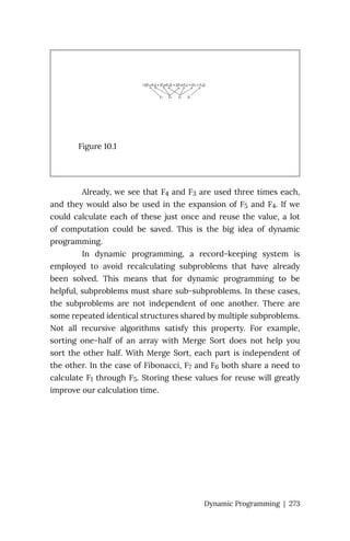 Figure 10.1
Already, we see that F4 and F3 are used three times each,
and they would also be used in the expansion of F5 and F4. If we
could calculate each of these just once and reuse the value, a lot
of computation could be saved. This is the big idea of dynamic
programming.
In dynamic programming, a record-keeping system is
employed to avoid recalculating subproblems that have already
been solved. This means that for dynamic programming to be
helpful, subproblems must share sub-subproblems. In these cases,
the subproblems are not independent of one another. There are
some repeated identical structures shared by multiple subproblems.
Not all recursive algorithms satisfy this property. For example,
sorting one-half of an array with Merge Sort does not help you
sort the other half. With Merge Sort, each part is independent of
the other. In the case of Fibonacci, F7 and F6 both share a need to
calculate F1 through F5. Storing these values for reuse will greatly
improve our calculation time.
Dynamic Programming | 273
 