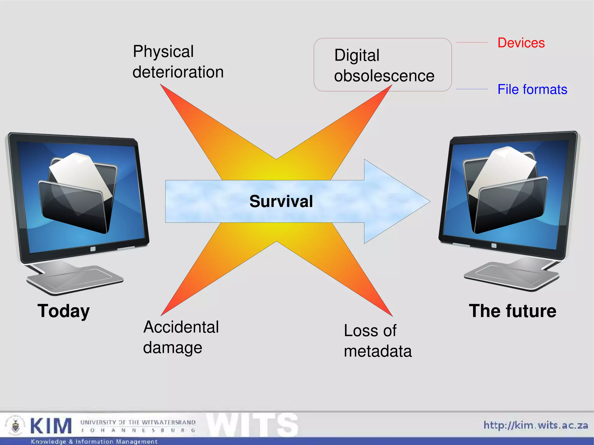 Survival The future Today Physical deterioration Digital obsolescence Accidental damage Loss of  metadata Devices File formats 