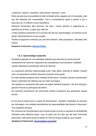 13
a observar, explorar, manipular, experimentar, descobrir, crear…
Dóna als alumnes la possibilitat de refer el treball tantes vegades com ho necessiti, atès
que els materials són manipulables. Com a conseqüència ajuda a perdre la por a
equivocar-se i a millorar la seva autoestima.
Afavoreix l'autonomia dels alumnes: els nens i nenes aprenen a organitzar-se, a
planificar-se la feina, a saber què volen fer.
L'infant participa activament en la construcció del seu aprenentatge i el mestre/a el pot
ajudar individualment en el seu progrés.
Facilita el seguiment individual per part del mestre/a i dels progressos i dificultats dels
infants.
Ampliació d’informació: Racons/Tallers
1.2.3. Aprenentatge cooperatiu
El treball cooperatiu és una estratègia didàctica que afavoreix la construcció del
coneixement de l’alumnat, l’adquisició de competències comunicatives i habilitats
socials mitjançant la participació activa de l’alumne.
La cooperació optimitza l’aprenentatge propi i dels altres, estimula la reflexió, l’esperit
crític i la capacitat de resoldre situacions diverses entre iguals.
És molt important preparar bons materials d’informació i consulta, activant coneixements
previs i presentant els objectius que es volen aconseguir.
Cal negociar la composició dels grups de treball, distribuint tasques i rols dins del grup i
garantir l’èxit de la participació de tothom.
És important proporcionar els instruments adients d’avaluació que garanteixin aquest
procés.
En tot això el mestre pren un paper de dinamitzador, mediador i facilitador de recursos
per aconseguir una veritable transferència de responsabilitats (del docent a l’alumnat) i
una autogestió del grup.
Per concloure és importantíssim que el docent tingui cura de no reproduir la competitivitat
individual entre diferents grups i que no perdi mai de vista que els èxits individuals
(personals i dels petits grups) es basen en l’èxit de l’equip (subgrup i grup classe).
Ampliació d’informació: Aprenentage cooperatiu
 