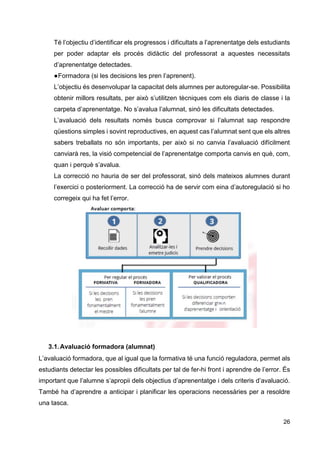 26
Té l’objectiu d’identificar els progressos i dificultats a l’aprenentatge dels estudiants
per poder adaptar els procés didàctic del professorat a aquestes necessitats
d’aprenentatge detectades.
●Formadora (si les decisions les pren l’aprenent).
L’objectiu és desenvolupar la capacitat dels alumnes per autoregular-se. Possibilita
obtenir millors resultats, per això s’utilitzen tècniques com els diaris de classe i la
carpeta d’aprenentatge. No s’avalua l’alumnat, sinó les dificultats detectades.
L’avaluació dels resultats només busca comprovar si l’alumnat sap respondre
qüestions simples i sovint reproductives, en aquest cas l’alumnat sent que els altres
sabers treballats no són importants, per això si no canvia l’avaluació difícilment
canviarà res, la visió competencial de l’aprenentatge comporta canvis en què, com,
quan i perquè s’avalua.
La correcció no hauria de ser del professorat, sinó dels mateixos alumnes durant
l’exercici o posteriorment. La correcció ha de servir com eina d’autoregulació si ho
corregeix qui ha fet l’error.
3.1.Avaluació formadora (alumnat)
L’avaluació formadora, que al igual que la formativa té una funció reguladora, permet als
estudiants detectar les possibles dificultats per tal de fer-hi front i aprendre de l’error. És
important que l’alumne s’apropii dels objectius d’aprenentatge i dels criteris d’avaluació.
També ha d’aprendre a anticipar i planificar les operacions necessàries per a resoldre
una tasca.
 