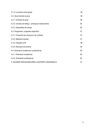 4
4.1.5. La tutoria entre iguals 35
4.2. Acció tutorial al grup 36
4.2.1. Cohesió de grup 36
4.2.2. Cercles de diàleg – pràctiques restauratives 36
4.2.3. Assemblea de classe 36
4.3. Programes i projectes específics 37
4.3.1. Prevenció de situacions de conflicte 37
4.3.2. Mediació escolar 37
4.3.3. Filosofia 3/18 38
4.3.4. Educació emocional 38
4.4. Orientació acadèmica i professional 39
4.4.1. Orientació acadèmica 39
4.4.2. Orientació professional 39
5. QUADRE RESUM MESURES I SUPORTS UNIVERSALS 41
 