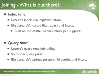 Joining - What is out there?
     • Index time:
           •     Lucene’s block join implementation.
           •     Elasticsearch’s nested ﬁlter, query and facets.
                •         Built on top of the Lucene’s block join support.


     • Query time:
           •     Lucene’s query time join utility.
           •     Solr’s join query parser.
           •     Elasticsearch’s various parent-child queries and ﬁlters.



Tuesday, November 6, 12
 