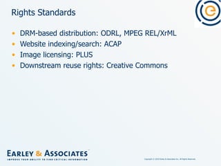Rights Standards DRM-based distribution: ODRL, MPEG REL/XrML Website indexing/search: ACAP Image licensing: PLUS Downstream reuse rights: Creative Commons 