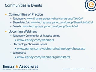 Communities & Events Communities of Practice Taxonomy:  www.finance.groups.yahoo.com/group/TaxoCoP   SharePoint IA:  www.tech.groups.yahoo.com/group/SharePointIACoP   Search:  www.tech.groups.yahoo.com/group/SearchCoP Upcoming Webinars Taxonomy Community of Practice series www.earley.com/webinars   Technology Showcase series www.earley.com/webinars/technology-showcase   Jumpstarts www.earley.com/webinars/jumpstarts   