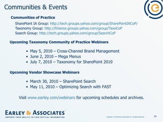 Communities & Events SharePoint IA Group:  http://tech.groups.yahoo.com/group/SharePointIACoP/   Taxonomy Group:  http://finance.groups.yahoo.com/group/TaxoCoP Search Group:  http://tech.groups.yahoo.com/group/SearchCoP Upcoming Taxonomy Community of Practice Webinars May 5, 2010 – Cross-Channel Brand Management June 2, 2010 – Mega Menus July 7, 2010 – Taxonomy for SharePoint 2010 Upcoming Vendor Showcase Webinars March 30, 2010 – SharePoint Search May 11, 2010 – Optimizing Search with FAST Visit  www.earley.com/webinars  for upcoming schedules and archives. Communities of Practice 