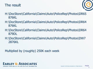 The result H:\DocStore\California\Claims\Auto\PoliceRep\Photos\DR65876KL H:\DocStore\California\Claims\Auto\PoliceRep\Photos\DR64876KL H:\DocStore\California\Claims\Auto\PoliceRep\Photos\DR64879DL H:\DocStore\California\Claims\Auto\PoliceRep\Photos\DW72876KL Multiplied by (roughly) 250K each week PAGE  