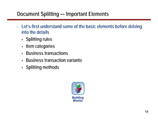 Document Splitting — Important Elements

•   Let’s first understand some of the basic elements before delving
    into the details
       Splitting rules
       Item categories
       Business transactions
       Business transaction variants
       Splitting methods




                                                                       18
 