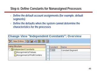 Step 6: Define Constants for Nonassigned Processes
•   Define the default account assignments (for example, default
    segments)
•   Define the defaults when the system cannot determine the
    characteristics for the processes




                                                                   49
 