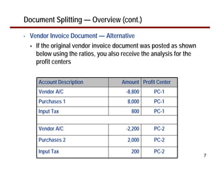 Document Splitting — Overview (cont.)

•   Vendor Invoice Document — Alternative
      If the original vendor invoice document was posted as shown
      below using the ratios, you also receive the analysis for the
      profit centers


       Account Description            Amount Profit Center
       Vendor A/C                       -8,800     PC-1
       Purchases 1                       8,000     PC-1
       Input Tax                          800      PC-1


       Vendor A/C                       -2,200     PC-2

       Purchases 2                       2,000     PC-2

       Input Tax                          200      PC-2
                                                                      7
 