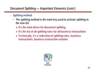 24
Document Splitting — Important Elements (cont.)
• Splitting method
The splitting method is the main key used to activate splitting in
the new G/L
It’s the main driver for document splitting
It’s the list of all splitting rules for all business transactions
Technically, it’s a collection of splitting rules, business
transactions, business transaction variants
 