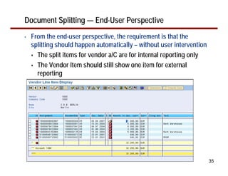 35
Document Splitting — End-User Perspective
• From the end-user perspective, the requirement is that the
splitting should happen automatically – without user intervention
The split items for vendor a/C are for internal reporting only
The Vendor Item should still show one item for external
reporting
 