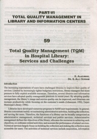 Total Quality Management(TQM) In Hospital Library: Services and Challanges
