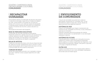 44 45
II Envolvimento
da Comunidade
Conjunto de actividades que potenciem a efectiva
participação vimaranense em Guimarães 2012, na sua
dimensão de Capital Europeia das culturas, através do
desenvolvimento dos seguintes projectos:
Histórias de Vida
Projecto de investigação que integra o levantamento de
histórias de vida, actividades económicas, sociais, artesanais e
vivenciais no Concelho.
Pretende inventariar patrimónios pessoais de carácter
imaterial, favorecendo a sua apropriação e a sua valorização
individual e colectiva.
Histórias do Futuro
Proposta para jovens integrados em instituições de ensino,
capazes de contribuir para a diversidade de expressões
(escrita, plástica ou outras) e qualificação de imaginários. Inclui
ainda sessões de exposição e debate, intercâmbio e parcerias
com grupo congénere de Maribor.
Outra Voz
Criação e acompanhamento de um grupo plural e aberto a
todos em torno de um coro, como actividade mobilizadora,
estruturado para actividade regular.
I Recapacitar
Guimarães
Este programa aposta na qualificação de parceiros educativos
e criativos de Guimarães, a partir de um modelo de trabalho
em rede. Levará também à formação de uma bolsa de
artistas como recurso a ser usado por grupos da população.
Contempla ainda iniciativas que estimulam e/ou amplificam
acções e momentos de encontro cultural, educativo ou
artístico.
Três projectos estruturam este programa:
Rede de parceiros educativos
Constituição de uma rede voluntária de educadores,
integrando professores, agentes educativos de equipamentos
culturais, artísticos e sociais. Pretende constituir-se como
espaço de formação, de intercâmbio e de investigação,
desafiando novas práticas de trabalho cooperante.
Bolsa de Artistas
Criação de uma bolsa de artistas como recurso disponível para
ser usado por Escolas, Equipamentos Socio-culturais e outros
grupos da população, para enriquecimento dos seus curricula
e transformação dos seus projectos educativos.
“Cerejas no Bolo”
Acções de programação pontual e com orientação cirúrgica,
que visam “vitaminar” zonas e grupos específicos em cada
momento.
quatro caminhos para
um programa cultural
comunidade
quatro caminhos para
um programa cultural
comunidade
 