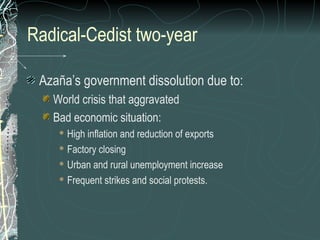 Radical-Cedist two-year
Azaña’s government dissolution due to:
World crisis that aggravated
Bad economic situation:
 High inflation and reduction of exports
 Factory closing
 Urban and rural unemployment increase
 Frequent strikes and social protests.
 