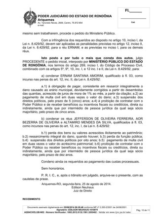 PODER JUDICIÁRIO DO ESTADO DE RONDÔNIA 
Ariquemes 
Av. Tancredo Neves, 2606, Centro, 76.872-854 
e-mail: 
Fl.______ 
_________________________ 
Cad. 
Documento assinado digitalmente em 25/08/2014 09:29:48 conforme MP nº 2.200-2/2001 de 24/08/2001. 
Signatário: EDILSON NEUHAUS:1010875 
AQS4CIVELGB-N02 - Número Verificador: 1002.2012.0132.1581.3202402 - Validar em www.tjro.jus.br/adoc 
Pág. 10 de 11 
mesmo sem trabalharem, procede o pedido do Ministério Público. 
Com a infringência dos requeridos ao disposto no artigo 10, inciso I, da 
Lei n. 8.429/92, devem ser aplicadas as penalidades previstas no artigo 12, inciso II, 
da Lei n. 8.429/92, para o réu ERNAM, e as previstas no inciso I, para os demais 
réus. 
Isto posto e por tudo o mais que consta dos autos, julgo 
PROCEDENTE o pedido inicial, interposto por MINISTÉRIO PÚBLICO DO ESTADO 
DE RONDÔNIA, nos termos do artigo 269, inciso I, do Código de Processo Civil, 
combinado com os artigos 5º, 9º, 10, inc. I, e 12 inc. I e II, da Lei n. 8.429/92, para: 
a) condenar ERNAM SANTANA AMORIM, qualificado à fl. 03, como 
incurso nas penas do art. 12, inc. II, da Lei n. 8.429/92: 
a.1) à obrigação de pagar, consistente em ressarcir integralmente o 
dano causado ao erário municipal, devidamente corrigidos a partir do desembolso 
das quantias, acrescido de juros de mora de 1% ao mês, a partir da citação; a.2) ao 
pagamento de multa civil em duas vezes o valor do dano; a.3) suspensão dos 
direitos políticos, pelo prazo de 5 (cinco) anos; a.4) à proibição de contratar com o 
Poder Público e de receber benefícios ou incentivos fiscais ou creditícios, direta ou 
indiretamente, ainda que por intermédio de pessoa jurídica da qual seja sócio 
majoritário, pelo prazo de cinco anos. 
b) condenar os réus JEFFERSON DE OLIVEIRA FERREIRA, AOR 
BEZERRA DE OLIVEIRA e ALTAMIRO MENDES DA SILVA, qualificados à fl. 03, 
como incursos nas penas do art. 12, inc. I, da Lei n. 8.429/92: 
b.1) perda dos bens ou valores acrescidos ilicitamente ao patrimônio; 
b.2) ressarcimento integral do dano, quando houver; b.3) perda da função pública; 
b.4) suspensão dos direitos políticos por oito anos; b.5) pagamento de multa civil 
em duas vezes o valor do acréscimo patrimonial; b.6) proibição de contratar com o 
Poder Público ou receber benefícios ou incentivos fiscais ou creditícios, direta ou 
indiretamente, ainda que por intermédio de pessoa jurídica da qual seja sócio 
majoritário, pelo prazo de dez anos. 
Condeno ainda os requeridos ao pagamento das custas processuais. 
Sem honorários. 
P. R. I. C., e, após o trânsito em julgado, arquive-se o presente, com as 
cautelas de praxe. 
Ariquemes-RO, segunda-feira, 25 de agosto de 2014. 
Edilson Neuhaus 
Juiz de Direito 
RECEBIMENTO 
 