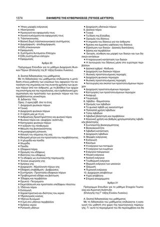 1374 ÅÖÇÌÅÑÉÓ ÔÇÓ ÊÕÂÅÑÍÇÓÅÙÓ (ÔÅÕ×ÏÓ ÄÅÕÔÅÑÏ)
• ¹ðéåò ìïñöÝò åíÝñãåéáò
4. ÇëåêôñïíéêÜ
• Çìéáãùãïß êáé åöáñìïãÝò ôïõò
• ËïãéêÜ êõêëþìáôá êáé åöáñìïãÝò ôïõò
5. Ôçëåðéêïéíùíßåò
• ÂáóéêÞ äïìÞ ôçëåðéêïéíùíéáêïý óõóôÞìáôïò
• Äéáìüñöùóç - áðïäéáìüñöùóç
• Åßäç åðéêïéíùíéþí
• ÅöáñìïãÝò
6. ÓõóôÞìáôá Áõôüìáôïõ ÅëÝã÷ïõ
• Åßäç óõóôçìÜôùí åëÝã÷ïõ
• ÅöáñìïãÝò
¢ñèñï 30
Ðñüãñáììá Óðïõäþí ãéá ôï ìÜèçìá Äéá÷åßñéóç Öõóé-
êþí Ðüñùí (ÅðéëïãÞò ôçò Â´ ôÜîçò Åíéáßïõ Ëõêåßïõ).
Á. Óêïðïß äéäáóêáëßáò ôïõ ìáèÞìáôïò
Ìå ôç äéäáóêáëßá ôïõ ìáèÞìáôïò åðéäéþêåôáé ç ìåôÜ-
äïóç óôïõò ìáèçôÝò ôùí ãíþóåùí ðïõ áöïñïýí ôçí êá-
ôáíüçóç ôçò óçìáóßáò êáé ôçò óõíåôÞò ÷ñÞóçò ôùí öõóé-
êþí ðüñùí áðü ôïí Üíèñùðï, ìå ôç âïÞèåéá ôùí áñ÷þí
ôçò åðéóôÞìçò êáé ôçò ôå÷íïëïãßáò, êáé ç ïñèïëïãéêÞ ÷ñç-
óéìïðïßçóç êáé ðñïóôáóßá ôùí öõóéêþí ðüñùí êáé ôïõ
ðåñéâÜëëïíôïò ãåíéêüôåñá.
Â. ÄéäáêôÝá ¾ëç
¿ñåò: 2 þñåò/åâä. üëï ôï Ýôïò
1. Äéá÷åßñéóç öõóéêþí ðüñùí
• ÃåíéêÜ
• Äéá÷åßñéóç öõóéêþí ðüñùí
2. Ç ó÷Ýóç ìáò ìå ôç ãç
• Áíèñþðéíåò äñáóôçñéüôçôåò êáé öõóéêïß ðüñïé
• Öõóéêïß ðüñïé êáé «áåéöüñá» áíÜðôõîç
• Êáôçãïñßåò öõóéêþí ðüñùí
• Ç áýîçóç ôïõ ðëçèõóìïý
• Ìåßùóç ôçò âéïðïéêéëüôçôáò
• ÁôìïóöáéñéêÞ ñýðáíóç
• ÁëëáãÞ ôïõ êëßìáôïò ôçò ãçò
• ÈåóìéêÜ ìÝôñá ãéá ôçí ðñïóôáóßá ôïõ ðåñéâÜëëïíôïò
3. Ç ÷ëùñßäá êáé ðáíßäá
• ×ëùñßäá
• Ðáíßäá
4. Åäáöéêïß ðüñïé
• Ïñéóìüò ôïõ åäÜöïõò
• Éäéüôçôåò ôïõ åäÜöïõò
• Ôï Ýäáöïò ùò óõíôåëåóôÞò ðáñáãùãÞò
• ¸ííïéá ãåùñãéêÞò ãçò
• ×ñÞóåéò ãçò
• Äéá÷åßñéóç - Áîéïëüãçóç ðüñùí ãçò
• ÅäáöéêÞ õðïâÜèìéóç - Äéáâñþóåéò
• ÓõíôÞñçóç - Ðñïóôáóßá åäáöéêþí ðüñùí
• ÐñïâëçìáôéêÜ åäÜöç êáé âåëôßùóç
• ¸äáöïò êáé ðåñéâÜëëïí
• ÏñõêôÜ - Ðåôñþìáôá
• ÅêìåôÜëëåõóç êáé ðñïóôáóßá õðåäÜöéïõ ðëïýôïõ
5. ÕäÜôéíïé ðüñïé
• ÅéóáãùãÞ
• ×áñáêôçñéóôéêÜ êáé éäéüôçôåò ôïõ íåñïý
• Õäñïëïãéêüò êýêëïò
• ÕäÜôéíï äõíáìéêü
• Ç æùÞ óôï õäÜôéíï ðåñéâÜëëïí
• ×ñÞóåéò íåñïý
• Ñýðáíóç õäÜôùí
• Äéá÷åßñéóç õäáôéêþí ðüñùí
6. Äáóéêïß ðüñïé
• ÃåíéêÜ
• Ôá äÜóç ôçò ÅëëÜäáò
• Ïñéóìüò ôïõ äÜóïõò
• Ç óçìáóßá ôïõ äÜóïõò ãéá ôïí Üíèñùðï
• ¢ìåóåò êáé Ýììåóåò ùöÝëåéåò ôïõ äÜóïõò
• ÅîÜðëùóç ôùí äáóþí - ÄáóéêÝò äéáðëÜóåéò
• ÄÜóïò êáé ðåñéâÜëëïí
• ¸êôáóç, óýíèåóç êáé ìïñöÞ ôùí äáóþí êáé ôùí äá-
óéêþí åêôÜóåùí
• Ç ðáñáãùãéêÞ êáôÜóôáóç ôùí äáóþí
• Ç ëåéôïõñãßá ôïõ äÜóïõò ìÝóá óôï åõñýôåñï ðåñé-
âÜëëïí
• Äáóéêïß å÷èñïß - Êßíäõíïé
• Äéá÷åßñéóç ôùí äáóéêþí ðüñùí
7. ÖõóéêÝò ðñïóôáôåõüìåíåò ðåñéï÷Ýò
• Äéá÷åßñéóç öõóéêþí ðåñéï÷þí
• ÖõóéêÝò ðñïóôáôåõüìåíåò ðåñéï÷Ýò
• Ëåéôïõñãßåò êáé óêïðïß ôùí ðñïóôáôåõüìåíùí ðåñéï-
÷þí
• Äéá÷åßñéóç ðñïóôáôåõüìåíùí ðåñéï÷þí
• Êáôçãïñßåò ôùí ðñïóôáôåõüìåíùí ðåñéï÷þí
• Áíáøõ÷Þ
• Ôïõñéóìüò
8. ËéâÜäéá - Èáìíüôïðïé
• Ïñéóìüò ôùí ëéâáäéþí
• Ôï öõóéêü ëéâÜäé ùò ïéêïóýóôçìá
• ÐïëëáðëÞ ÷ñÞóç ëéâáäéþí
• Ôýðïé ëéâáäéþí
• ËéâáäéêÞ âëÜóôçóç êáé ðåñéâÜëëïí
• ÊáíïíéêÞ ÷ñÞóç êáé âáèìüò ÷ñçóéìïðïßçóçò ëéâáäé-
êÞò âëÜóôçóçò
• ÓõíôåëåóôÞò âïóêçóéìüôçôáò
• Âïóêïúêáíüôçôá
• ËéâáäéêÞ êáôÜóôáóç
• Äéá÷åßñéóç ëéâáäéþí
9. ÌïñöÝò åíÝñãåéáò
• ÅéóáãùãÞ
• Êáýóéìá
• Ç åíÝñãåéá ôùí ðïôáìþí
• Ç åíÝñãåéá ôùí êõìÜôùí
• ÅíÝñãåéá ðáëéññïéþí
• ÇëéáêÞ åíÝñãåéá
• ÁéïëéêÞ åíÝñãåéá
• ÃåùèåñìéêÞ åíÝñãåéá
• ÈåñìéêÞ åíÝñãåéá ôùí ùêåáíþí
• ¿óìùóç
• ÐõñçíéêÞ åíÝñãåéá
10. Äéá÷åßñéóç áðïâëÞôùí
• ÕãñÜ áðüâëçôá
• ÓôåñåÜ áðïññßììáôá
¢ñèñï 31
Ðñüãñáììá Óðïõäþí ãéá ôï ìÜèçìá Óôïé÷åßá Ãåùðï-
íßáò êáé ÁãñïôéêÞ ÁíÜðôõîç
(ÅðéëïãÞò ôçò Ã´ ôÜîçò Åíéáßïõ Ëõêåßïõ).
A. Óêïðïß äéäáóêáëßáò ôïõ ìáèÞìáôïò
Ìå ôç äéäáóêáëßá ôïõ ìáèÞìáôïò åðéäéþêåôáé ç åéóá-
ãùãÞ ôïõ ìáèçôÞ óôï ÷þñï ôçò ðñùôïãåíïýò ðáñáãù-
ãÞò. Ãé' áõôü ôï ðåñéå÷üìåíü ôïõ èá ðåñéëáìâÜíåé êáé èá
 