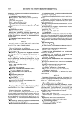 1376 ÅÖÇÌÅÑÉÓ ÔÇÓ ÊÕÂÅÑÍÇÓÅÙÓ (ÔÅÕ×ÏÓ ÄÅÕÔÅÑÏ)
êÞò ÷ñÞóçò, åêðáéäåõôéêü ëïãéóìéêü êáé ðñïãñáììáôéóôé-
êÜ ðåñéâÜëëïíôá
3. ÐëçñïöïñéêÞ êáé óýã÷ñïíïò êüóìïò
• ¼ëá áëëÜæïõí... ÍÝåò åðáããåëìáôéêÝò ðñïïðôéêÝò
ÔÜîç Â´ Þ Ã´
ÅöáñìïãÝò Õðïëïãéóôþí
¿ñåò: 2 þñåò / åâä. üëï ôï Ýôïò
1. Ï êüóìïò ôçò ÐëçñïöïñéêÞò
• ÅóôéáóìÝíç åðéóêüðçóç ôùí åöáñìïãþí ôçò Ðëçñï-
öïñéêÞò
• ÐïëõìÝóá
• Åðéêïéíùíßåò êáé äßêôõá
2. Äéåñåõíþ - Äçìéïõñãþ - Áíáêáëýðôù
• ÓõíèåôéêÝò åñãáóßåò ìå ëïãéóìéêü åöáñìïãþí ãåíé-
êÞò ÷ñÞóçò, ëïãéóìéêü áíÜðôõîçò ðïëõìÝóùí, ëïãéóìéêü
äéêôýùí, åêðáéäåõôéêü ëïãéóìéêü êáé ðñïãñáììáôéóôéêÜ
ðåñéâÜëëïíôá
3. ÐëçñïöïñéêÞ êáé óýã÷ñïíïò êüóìïò
• Ôï ìÝëëïí.
¢ñèñï 34
Ðñüãñáììá Óðïõäþí ãéá ôï ìÜèçìá ÐïëõìÝóá - Äßêôõá
(ÅðéëïãÞò ôçò Ã´ ôÜîçò Åíéáßïõ Ëõêåßïõ).
Á. Óêïðïß äéäáóêáëßáò ôïõ ìáèÞìáôïò
Ìå ôç äéäáóêáëßá ôïõ ìáèÞìáôïò åðéäéþêåôáé íá áðï-
êôÞóïõí ïé ìáèçôÝò:
• Åìðåéñßá êáé äåîéüôçôåò óôç äéáäéêáóßá ó÷åäßáóçò,
õëïðïßçóçò êáé áîéïëüãçóçò ìéáò áðëÞò åöáñìïãÞò ðï-
ëõìÝóùí.
• ÂáóéêÝò ãíþóåéò êáé ôçí áðáñáßôçôç ôå÷íïãíùóßá óå
èÝìáôá èåìåëßùóçò ôùí äéêôýùí õðïëïãéóôþí êáé ôùí
åöáñìïãþí ôïõò óå êïéíùíéêÝò êáé ðáñáãùãéêÝò äñá-
óôçñéüôçôåò.
Â. ÄéäáêôÝá ¾ëç
¿ñåò: 2 þñåò / åâä. üëï ôï Ýôïò
1. ÐïëõìÝóá
• Ï êüóìïò ôùí ðïëõìÝóùí
• ÁíÜëõóç - Ó÷åäßáóç åöáñìïãÞò ðïëõìÝóùí
• Õëïðïßçóç åöáñìïãÞò ðïëõìÝóùí
• Ïé åöáñìïãÝò ðïëõìÝóùí óôç æùÞ ìáò
2. Äßêôõá
• Åðéêïéíùíßåò äåäïìÝíùí
• ÂáóéêÝò áñ÷Ýò äéêôýùí
• ÔïðéêÜ äßêôõá
• Äßêôõá åõñåßáò ðåñéï÷Þò
• Äéáäßêôõï êáé õðçñåóßåò ðñïóôéèÝìåíçò áîßáò
• ÅñãáóôçñéáêÞ Üóêçóç
¢ñèñï 35
Ðñüãñáììá Óðïõäþí ãéá ôï ìÜèçìá ÅöáñìïãÝò Ëïãé-
óìéêïý (ÅðéëïãÞò ôçò Ã´ ôÜîçò Åíéáßïõ Ëõêåßïõ).
Á. Óêïðïß äéäáóêáëßáò ôïõ ìáèÞìáôïò
Ìå ôç äéäáóêáëßá ôïõ ìáèÞìáôïò åðéäéþêåôáé íá áðï-
êôÞóïõí ïé ìáèçôÝò óôÝñååò ãíþóåéò, åðáñêÞ åéêüíá êáé
åìðåéñßá ÷ñÞóçò óôéò åöáñìïãÝò ëïãéóìéêïý ãåíéêÞò
÷ñÞóçò (åñãáëåßá, ôå÷íéêÝò åðßëõóçò ðñïâëçìÜôùí êôë.)
ìÝóù ðïéêßëùí êáé ïëïêëçñùìÝíùí äñáóôçñéïôÞôùí ïé
ïðïßåò:
• Åõíïïýí ôçí áíÜðôõîç äåîéïôÞôùí ìïíôåëïðïßçóçò
êáé ôå÷íéêþí åðßëõóçò ðñïâëçìÜôùí.
• Åíèáññýíïõí ôçí áíáëõôéêÞ êáé ôç óõíèåôéêÞ óêÝøç.
• ÐáñÝ÷ïõí åõ÷Ýñåéá óôç ÷ñÞóç óõìâïëéêþí ìÝóùí
Ýêöñáóçò êáé äéåñåýíçóçò.
• Êáëëéåñãïýí äéá÷ñïíéêÝò äåîéüôçôåò óôç ÷ñÞóç ëïãé-
óìéêïý.
• Äßíïõí ìéá óõíïëéêÞ åéêüíá ôçò ðëçñïöïñéêÞò êáé
áðïêáëýðôïõí ôéò ó÷Ýóåéò ìåôáîý ôùí åðéìÝñïõò åöáñ-
ìïãþí, åñãáëåßùí êôë.
• Äéåõêïëýíïõí ôçí áíÜðôõîç ôçò éêáíüôçôáò ôïõ ìá-
èçôÞ íá äçìéïõñãåß.
• Åíèáññýíïõí êáé åíéó÷ýïõí ôï óõììåôï÷éêü - óõíåñ-
ãáôéêü ÷áñáêôÞñá ôçò ìÜèçóçò.
Â. ÄéäáêôÝá ¾ëç
¿ñåò: 2 þñåò / åâä. üëï ôï Ýôïò
1.Åíçìåñþíïìáé
• Åðéóêüðçóç ôùí åöáñìïãþí ëïãéóìéêïý ðïõ áöï-
ñïýí ôçí åðåîåñãáóßá ìåãÜëïõ üãêïõ äåäïìÝíùí êáé
ðëçñïöïñéþí. ×ñçóéìüôçôá, ïìïéüôçôåò êáé äéáöïñÝò
ôïõò. Ôï ðåñéâÜëëïí ôïõò êáé ïé âáóéêÝò ëåéôïõñãßåò ôïõò
• Åðéêïéíùíßá - óõíåñãáóßá ìåôáîý åöáñìïãþí ëïãé-
óìéêïý
• ÌåëëïíôéêÝò ôÜóåéò
2.Äéåñåõíþ - Óõó÷åôßæù
• Ðñïóäéïñéóìüò ôïõ ðñïâëÞìáôïò êáé ôùí áðáéôÞóå-
ùí
• ÁíÜëõóç ôùí áðáéôÞóåùí ðïõ ðñïêýðôïõí
• ÏñãÜíùóç ôùí äåäïìÝíùí
• ÁíáæÞôçóç êáé ðñïóäéïñéóìüò ôùí êáôÜëëçëùí
åöáñìïãþí ëïãéóìéêïý
• Äéåñåýíçóç ôçò äõíáôüôçôáò óõíåñãáóßáò êáé
áíôáëëáãÞò äåäïìÝíùí ìåôáîý åöáñìïãþí
3.Ó÷åäéÜæù - Åöáñìüæù
• ÄéáãñáììáôéêÞ áðåéêüíéóç ôçò ñïÞò ôùí áðáñáßôç-
ôùí åñãáóéþí
• ÔìçìáôéêÞ õëïðïßçóç óôï åðéëåãìÝíï ðåñéâÜëëïí
áíÜðôõîçò
• Óýíèåóç ôùí åðéìÝñïõò äñáóôçñéïôÞôùí
• ÄïêéìÞ ìå ðñáãìáôéêÜ äåäïìÝíá
• Åíôïðéóìüò óöáëìÜôùí Þ ðáñáëåßøåùí
• Äçìéïõñãßá ôåëéêïý ïëïêëçñùìÝíïõ ðñïúüíôïò
• Ôåêìçñßùóç - Áîéïëüãçóç
• ÐáñÜäïóç ôïõ ðñïúüíôïò, ìå óõíïäåõôéêü õëéêü,
óôïõò ÷ñÞóôåò
¢ñèñï 36
Ðñüãñáììá Óðïõäþí ãéá ôï ìÜèçìá Ôå÷íïëïãßá Õðï-
ëïãéóôéêþí ÓõóôçìÜôùí êáé ËåéôïõñãéêÜ ÓõóôÞìáôá (Åðé-
ëïãÞò ôçò Ã´ ôÜîçò Åíéáßïõ Ëõêåßïõ).
Á. Óêïðïß äéäáóêáëßáò ôïõ ìáèÞìáôïò
Ìå ôç äéäáóêáëßá ôïõ ìáèÞìáôïò åðéäéþêåôáé íá áðï-
êôÞóïõí ïé ìáèçôÝò åðáñêåßò êáé óôÝñååò ãíþóåéò ãéá ôçí
åóùôåñéêÞ äïìÞ, ôçí ïñãÜíùóç êáé ôç ëåéôïõñãßá ôùí
õðïëïãéóôéêþí óõóôçìÜôùí êáé íá êáôáíïÞóïõí ôç óç-
ìáóßá êáé ôï ñüëï ôïõ ëïãéóìéêïý óõóôÞìáôïò.
Â. ÄéäáêôÝá ¾ëç
¿ñåò: 2 þñåò / åâä. üëï ôï Ýôïò
1. ÅóùôåñéêÞ äïìÞ, ïñãÜíùóç êáé ëåéôïõñãßá ôïõ õðï-
ëïãéóôÞ
• Êáôçãïñßåò õðïëïãéóôéêþí óõóôçìÜôùí
• ÐáñÜóôáóç êáé åðåîåñãáóßá ðëçñïöïñéþí
• ÏñãÜíùóç åðåîåñãáóôþí
• ÏñãÜíùóç êáé äéá÷åßñéóç ìíÞìçò
2.ÐåñéöåñåéáêÝò ìïíÜäåò
 