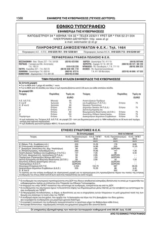 1388 ÅÖÇÌÅÑÉÓ ÔÇÓ ÊÕÂÅÑÍÇÓÅÙÓ (ÔÅÕ×ÏÓ ÄÅÕÔÅÑÏ)
ÅÈÍÉÊÏ ÔÕÐÏÃÑÁÖÅÉÏ
ÅÖÇÌÅÑÉÄÁ ÔÇÓ ÊÕÂÅÑÍÇÓÅÙÓ
ÔÉÌÇ ÐÙËÇÓÇÓ ÖÕËËÙÍ ÅÖÇÌÅÑÉÄÏÓ ÔÇÓ ÊÕÂÅÑÍÇÓÅÙÓ
Óå Ýíôõðç ìïñöÞ:
• Ãéá ôá ÖÅÊ áðü 1 ìÝ÷ñé 40 óåëßäåò 1 euro.
• Ãéá ôá ÖÅÊ áðü 40 óåëßäåò êáé ðÜíù ç ôéìÞ ðñïóáõîÜíåôáé êáôÜ 0,05 euro ãéá êÜèå åðéðëÝïí óåëßäá.
Óå ìïñöÞ CD:
Ç ôéìÞ ðþëçóçò ôïõ Ôåý÷ïõò Á.Å. & Å.Ð.Å. óå ìïñöÞ CD - rom ãéá äçìïóéåýìáôá ìåôÜ ôï 1994 êáèïñßæåôáé óå 30 euro áíÜ ôåìÜ÷éï,
ýóôåñá áðü ó÷åôéêÞ ðáñáããåëßá.
Ç ôéìÞ äéÜèåóçò öùôïáíôéãñÜöùí ÖÅÊ 0,15 euro áíÜ óåëßäá
ÊÁÐÏÄÉÓÔÑÉÏÕ 34 * ÁÈÇÍÁ 104 32 * TELEX 223211 YPET GR * FAX 52 21 004
ÇËÅÊÔÑÏÍÉÊÇ ÄÉÅÕÈÕÍÓÇ: http: www.et.gr
e-mail: webmaster @ et.gr
* Ïé óõíäñïìÝò ôïõ åóùôåñéêïý ðñïðëçñþíïíôáé óôéò ÄÏÕ ðïõ äßíïõí áðïäåéêôéêü åßóðñáîçò (äéðëüôõðï) ôï ïðïßï ìå ôç öñïíôßäá ôïõ
åíäéáöåñïìÝíïõ ðñÝðåé íá óôÝëíåôáé óôçí Õðçñåóßá ôïõ Åèíéêïý Ôõðïãñáöåßïõ.
* Ç ðëçñùìÞ ôïõ õðÝñ ÔÁÐÅÔ ðïóïóôïý ðïõ áíôéóôïé÷åß óå óõíäñïìÝò, åéóðñÜôôåôáé êáé áðü ôéò ÄÏÕ.
* Ïé óõíäñïìçôÝò ôïõ åîùôåñéêïý Ý÷ïõí ôç äõíáôüôçôá ëÞøçò ôùí äçìïóéåõìÜôùí ìÝóù internet, ìå ôçí êáôáâïëÞ ôùí áíôßóôïé÷ùí ðï-
óþí óõíäñïìÞò êáé ÔÁÐÅÔ.
* Ïé Íïìáñ÷éáêÝò ÁõôïäéïéêÞóåéò, ïé ÄÞìïé, ïé Êïéíüôçôåò ùò êáé ïé åðé÷åéñÞóåéò áõôþí ðëçñþíïõí ôï ìéóü ÷ñçìáôéêü ðïóü ôçò óõí-
äñïìÞò êáé ïëüêëçñï ôï ðïóü õðÝñ ôïõ ÔÁÐÅÔ.
* Ç óõíäñïìÞ éó÷ýåé ãéá Ýíá ÷ñüíï, ðïõ áñ÷ßæåé ôçí 1ç Éáíïõáñßïõ êáé ëÞãåé ôçí 31ç Äåêåìâñßïõ ôïõ ßäéïõ ÷ñüíïõ.
Äåí åããñÜöïíôáé óõíäñïìçôÝò ãéá ìéêñüôåñï ÷ñïíéêü äéÜóôçìá.
* Ç åããñáöÞ Þ áíáíÝùóç ôçò óõíäñïìÞò ðñáãìáôïðïéåßôáé ôï áñãüôåñï ìÝ÷ñé ôïí ÖåâñïõÜñéï êÜèå Ýôïõò.
* Áíôßãñáöá äéðëïôýðùí, ôá÷õäñïìéêÝò åðéôáãÝò êáé ÷ñçìáôéêÜ ãñáììÜôéá äåí ãßíïíôáé äåêôÜ.
Ïé õðçñåóßåò åîõðçñÝôçóçò ôùí ðïëéôþí ëåéôïõñãïýí êáèçìåñéíÜ áðü 08.00~ Ýùò 13.00~
ÁÐÏ ÔÏ ÅÈÍÉÊÏ ÔÕÐÏÃÑÁÖÅÉÏ
ÅÔÇÓÉÅÓ ÓÕÍÄÑÏÌÅÓ Ö.Å.Ê.
Óå Ýíôõðç ìïñöÞ Áðü ôï Internet
Ôåý÷ïò Ê.Á.Å. Ðñïûðïëïãéóìïý Ê.Á.Å. ÔÁÐÅÔ Ê.Á.Å. Ðñïûðïëïãéóìïý Ê.Á.Å. ÔÁÐÅÔ
2531 3512 2531 3512
euro euro euro euro
Á~ (Íüìïé, Ð.Ä., ÓõìâÜóåéò êôë.) 205 10,25 176 8,80
Â~ (ÕðïõñãéêÝò áðïöÜóåéò êôë.) 293 14,65 205 10,25
Ã~ (Äéïñéóìïß, áðïëýóåéò êôë. Äçì. ÕðáëëÞëùí) 59 2,95 ÄÙÑÅÁÍ - -
Ä~ (Áðáëëïôñéþóåéò, ðïëåïäïìßá êôë.) 293 14,65 147 7,35
Áíáðôõîéáêþí ÐñÜîåùí êáé ÓõìâÜóåùí (Ô.Á.Ð.Ó.) 147 7,35 88 4,40
Í.Ð.Ä.Ä. (Äéïñéóìïß êôë. ðñïóùðéêïý Í.Ð.Ä.Ä.) 59 2,95 ÄÙÑÅÁÍ - -
ÐáñÜñôçìá (Ðñïêçñýîåéò èÝóåùí ÄÅÐ êôë.) 30 1,50 ÄÙÑÅÁÍ - -
Äåëôßï ÅìðïñéêÞò êáé Âéïì/êÞò Éäéïêôçóßáò (Ä.Å.Â.É.) 59 2,95 30 1,50
ÁíùôÜôïõ Åéäéêïý Äéêáóôçñßïõ (Á.Å.Ä.) ÄÙÑÅÁÍ - ÄÙÑÅÁÍ - -
Ðñïêçñýîåùí Á.Ó.Å.Ð. ÄÙÑÅÁÍ - ÄÙÑÅÁÍ - -
Áíùíýìùí Åôáéñåéþí & Å.Ð.Å. 2.054 102,70 587 29,35
Äéáêçñýîåùí Äçìïóßùí ÓõìâÜóåùí (Ä.Ä.Ó.) 205 10,25 88 4,40
A´, Â´ êáé Ä´ 352 17,60
Ôï êüóôïò ãéá ôçí åôÞóéá óõíäñïìÞ óå çëåêôñïíéêÞ ìïñöÞ ãéá ôá ðñïçãïýìåíá Ýôç ðñïóáõîÜíåôáé ðÝñáí ôïõ ðïóïý ôçò åôÞóéáò
óõíäñïìÞò ôïõ Ýôïõò 2002 êáôÜ 6 euro áíÜ Ýôïò ðáëáéüôçôáò êáé êáôÜ ôåý÷ïò
ÈÅÓÓÁËÏÍÉÊÇ - Âáó. ¼ëãáò 227 - Ô.Ê. 54100 (0310) 423 956
ÐÅÉÑÁÉÁÓ - Ãïýíáñç êáé Åèí. Áíôßóôáóçò
Ô.Ê. 185 31 010 4135 228
ÐÁÔÑÁ - Êïñßíèïõ 327 - Ô.Ê. 262 23 (0610) 638 109 -110
ÉÙÁÍÍÉÍÁ - ÄéïéêçôÞñéï Ô.Ê. 450 44 (06510) 87215
ÊÏÌÏÔÇÍÇ - Äçìïêñáôßáò 1 Ô.Ê. 691 00 (05310) 22 858
ËÁÑÉÓÁ - ÄéïéêçôÞñéï Ô.Ê. 411 10 (0410) 597449
ÊÅÑÊÕÑÁ - ÓáìáñÜ 13 Ô.Ê. 491 00 (06610) 89 127 / 89 120
ÇÑÁÊËÅÉÏ - Ðë. Åëåõèåñßáò 1, Ô.Ê. 711 10 (0810) 396 223
ËÅÓÂÏÓ - Ðë. Êùíóôáíôéíïõðüëåùò
Ô.Ê. 811 00 MõôéëÞíç (02510) 46 888 / 47 533
ÐËÇÑÏÖÏÑÉÅÓ ÄÇÌÏÓÉÅÕÌÁÔÙÍ Ö.Å.Ê.: Ôçë. 1464
Ðëçñïöïñßåò Á.Å. - Å.Ð.Å.: 010 5225 761 - 010 5230 841 Ðëçñïöïñßåò ëïéðþí Ö.Å.Ê.: 010 5225 713 - 010 5249 547
ÐÅÑÉÖÅÑÅÉÁÊÁ ÃÑÁÖÅÉÁ ÐÙËÇÓÇÓ Ö.Å.Ê.
Ôåý÷ïò Ðåñßïäïò ÔéìÝò óå
ÅURO
Á.Å. & Å.Ð.Å. Ìçíéáßï 60
Á´ êáé Â´ 3ìçíéáßï 75
Á´, Â´ êáé Ä´ 3ìçíéáßï 90
A~ ÅôÞóéï 180
B~ ÅôÞóéï 210
Ã ÅôÞóéï 60
Ä´ ÅôÞóéï 150
ÐáñÜñôçìá ÅôÞóéï 75
Ôåý÷ïò Ðåñßïäïò ÔéìÝò óå
ÅURO
Áíáðôõîéáêþí ÐñÜîåùí
êáé ÓõìâÜóåùí (Ô.Á.Ð.Ó.) ÅôÞóéï 75
Íïìéêþí Ðñïóþðùí
Äçìïóßïõ Äéêáßïõ (Í.Ð.Ä.Ä.) ÅôÞóéï 75
Äåëôßï ÅìðïñéêÞò êáé
Béïìç÷áíéêÞò Éäéïêôçóßáò (Ä.Å.Â.É.) ÅôÞóéï 75
ÁíùôÜôïõ Åéäéêïý Äéêáóôçñßïõ ÅôÞóéï 75
Äéáêçñýîåùí Äçìïóßùí ÓõìâÜóåùí ÅôÞóéï 75
 