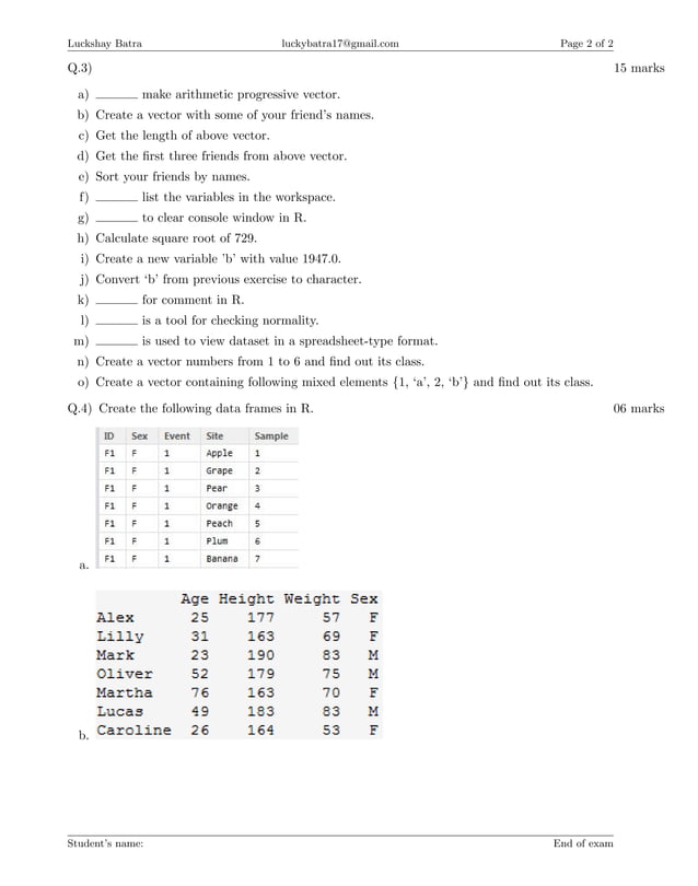 R Programming language model test paper | PDF