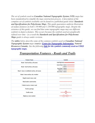 The set of symbols used on Canadian National Topographic System (NTS) maps has
been standardized to simplify the map construction process. A description of the
complete set of symbols available can be found in a published guide titled: Standards
and Specifications for Polychrome Maps. This guide guarantees uniform illustration
of surface features on both 1:50 000 and 1:250 000 topographic maps. Despite the
existence of this guide, we can find that some topographic maps may use different
symbols to depict a feature. This occurs because the symbols used are graphically
refined over time - as a result the Standards and Specifications for Polychrome
Maps guide is always under revision.
The tables below describe some of the common symbols used on Canadian National
Topographic System maps (source: Centre for Topographic Information, Natural
Resources Canada). See the following link for the symbols commonly used on USGS
topographic maps.
Transportation Features - Roads and Trails
Feature Name Symbol
Road - hard surface, all season
Road - hard surface, all season
Road - loose or stabilized surface, all season
Road - loose surface, dry weather
Rapid transit route, road
Road under construction
Vehicle track or winter road
Trail or portage
Traffic circle
Highway route number
 