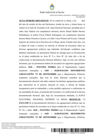 #34031439#247111040#20191018125823593
Poder Judicial de la Nación
JUNTA ELECTORAL NACIONAL - DISTRITO LA RIOJA
CNE 6089/2019
ACTA NÚMERO DIECINUEVE: En la ciudad de La Rioja, a los días
del mes de octubre de dos mil diecinueve, siendo las trece y treinta horas, se
reúnen en la Sala de Acuerdos la H. Junta Electoral Nacional, presidida por el
señor Juez Federal con competencia electoral, doctor Daniel Rubén Herrera
Piedrabuena, la señora Fiscal Federal Subrogante con competencia electoral,
doctora María Florencia Cáceres y el señor Vocal Primero del Excmo. Tribunal
Superior de Justicia de la Provincia de La Rioja, doctor Claudio José Ana, con
el objeto de tratar y resolver en relación al informe de Secretaría sobre las
diversas agrupaciones políticas que habiendo oficializado candidatos para
distintos estamentos, no presentaron boletas de sufragio para su oficialización
en el plazo establecido en Acta N° 9 y Acta N° 10, todo ello a fin de
confeccionar la documentación electoral definitiva. Que, en este acto informa
Secretaría, que no presentaron boletas de escrutinio las siguientes agrupaciones
políticas: 1416 – NUESTRA TIERRA para el Departamento Capital,
estamento concejales; y 1429 – AGRUPACION MOVIMIENTO
CHILECITEÑO “17 DE SEPTIEMBRE para e Departamento Chilecito,
estamento concejales. Que esta H. Junta Electoral considera que la
documentación electoral solo debe contener las distintas agrupaciones políticas
que intervienen en el proceso electoral en curso, a efectos de brindar
transparencia para la comunidad, y evitar posibles equívocos o confusiones en
las autoridades de mesa, al momento del escrutinio y la confección de la diversa
documentación electoral. Que, bajo las circunstancias señaladas, la JUNTA
ELECTORAL NACIONAL DISTRITO LA RIOJA; RESUELVE: 1°)
EXCLUIR de la documentación electoral a las agrupaciones políticas que no
presentaron boletas de escrutinio en el plazo establecido en Acta N° 9 y Acta
N° 10, a saber: 1416 – NUESTRA TIERRA para el Departamento Capital,
estamento concejales; y 1429 – AGRUPACION MOVIMIENTO
CHILECITEÑO “17 DE SEPTIEMBRE para e Departamento Chilecito,
Fecha de firma: 18/10/2019
Alta en sistema: 21/10/2019
Firmado por: DANIEL RUBEN HERRERA PIEDRABUENA, PRESIDENTE
Firmado(ante mi) por: VICTOR DARDO HERRERA, SECRETARIO ELECTORAL (S)
 
