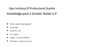 Gips Institute Of Professional Studies
Knowledge park 2 Greater Noida U.P.
Name:- Akshay Singh Nagarkoti
Course:-BBA
Semmester:- 4th
Id no. 320102
Subject:- Consumer Behavior
Submited to:- Anjum Ara ma'am
 