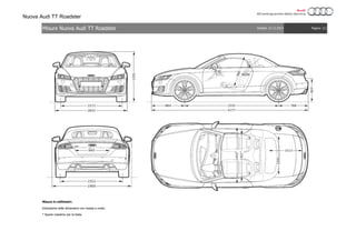 Nuova Audi TT Roadster
Misure in millimetri.
Indicazione delle dimensioni con massa a vuoto.
* Spazio massimo per la testa.
Pagina: 1/1Validità: 22.12.2014Misure Nuova Audi TT Roadster
 